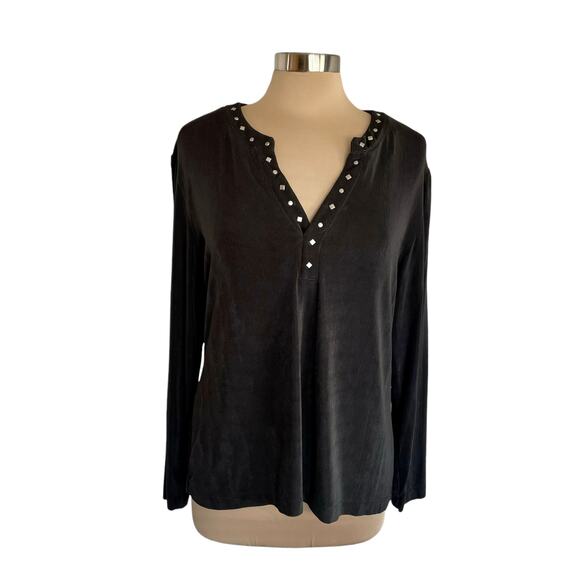 Chico's Travelers Black Slinky Knit Top Split V-neck Studded Long Sleeves XL/16 - Picture 1 of 7